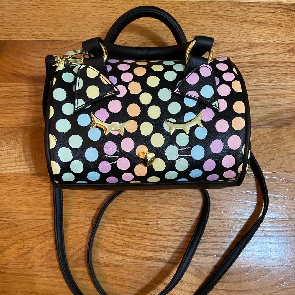 Luv Betsy - Kitty/Cat Black & Rainbow Polka Dot Cross-Body Bag NWOT